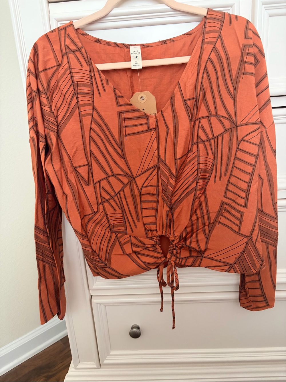 NWT Women's Orange Patterned Drawstring Front Top